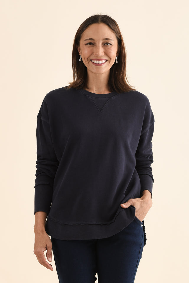 Delilah Navy Cotton Crewneck Sweatshirt,Front,Brunette model,alt text|model:Cara