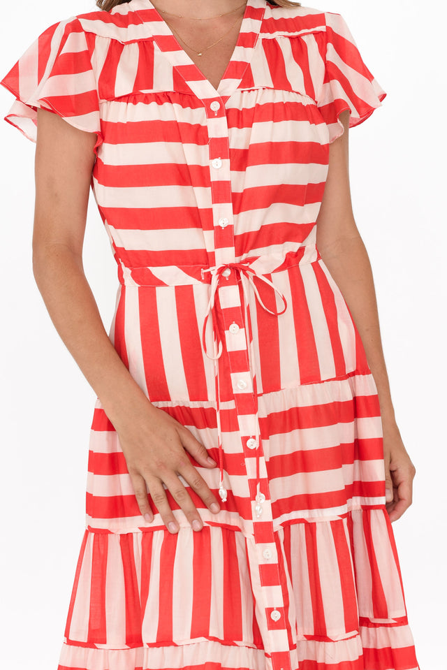 Delilah Red Stripe Cotton Tiered Dress,Brunette model,alt text|model:Johanna image 7