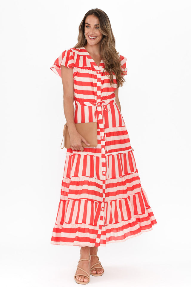 Delilah Red Stripe Cotton Tiered Dress,Brunette model,alt text|model:Johanna image 4