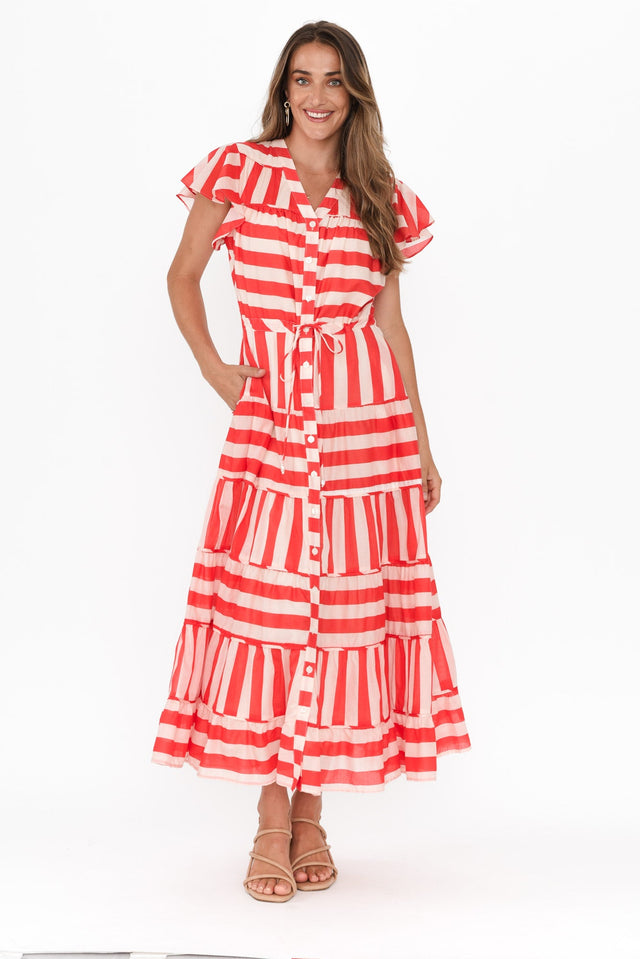 Delilah Red Stripe Cotton Tiered Dress,Brunette model,alt text|model:Johanna image 8