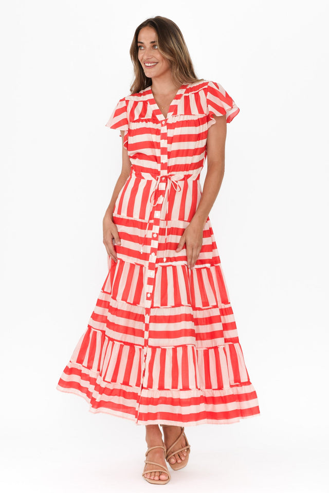 Delilah Red Stripe Cotton Tiered Dress,Brunette model,alt text|model:Johanna