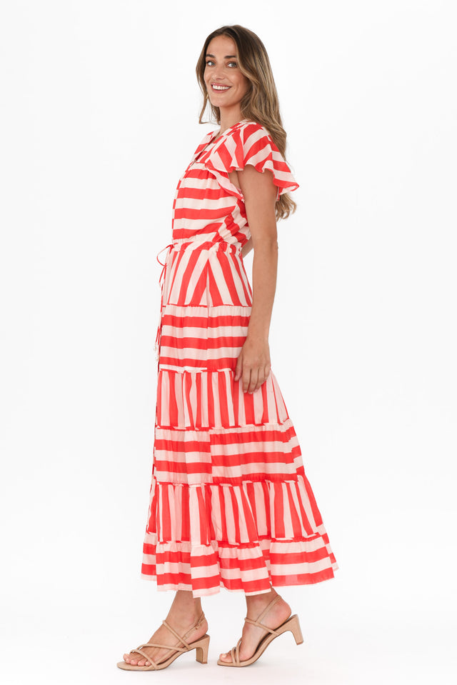 Delilah Red Stripe Cotton Tiered Dress,Brunette model,alt text|model:Johanna image 5