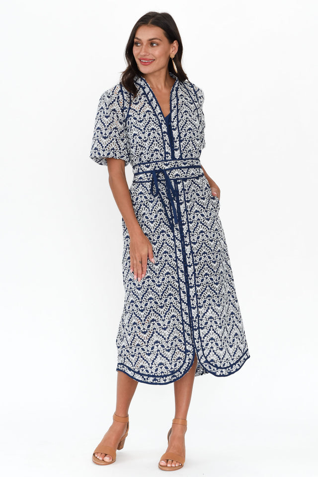 Delphine Navy Embroidered Cotton Tie Dress image 2