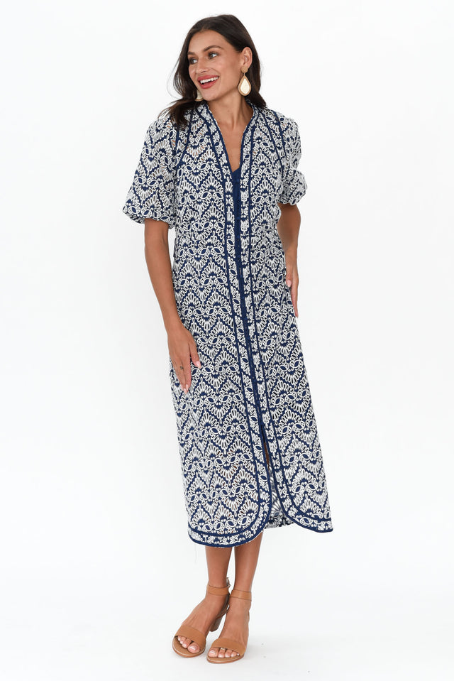 Delphine Navy Embroidered Cotton Tie Dress image 6
