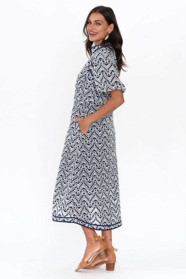 Delphine Navy Embroidered Cotton Tie Dress image 3