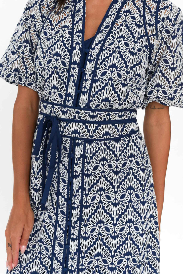 Delphine Navy Embroidered Cotton Tie Dress image 5