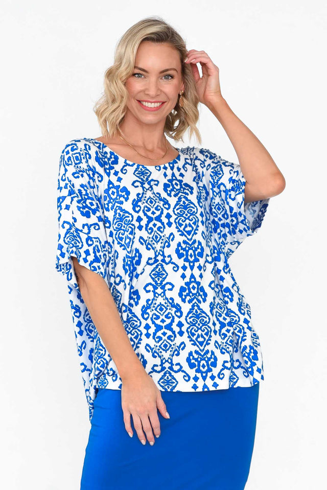 Demi Blue Ikat Bamboo Tee neckline_Round