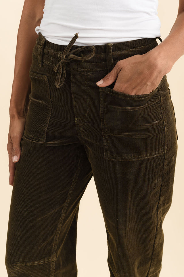 Denny Dark Green Corduroy Barrel Jeans,Brunette model,alt text|model:Cara image 6