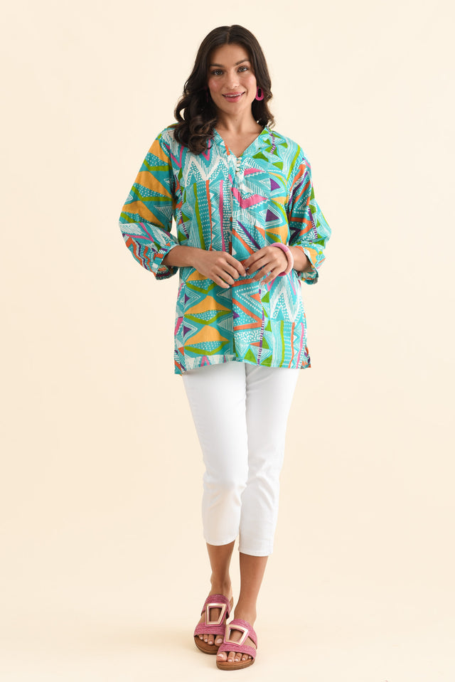 Derine Aqua Abstract Cotton Button Top,Brunette model,alt text|model:Brontie image 7