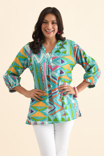 Derine Aqua Abstract Cotton Button Top