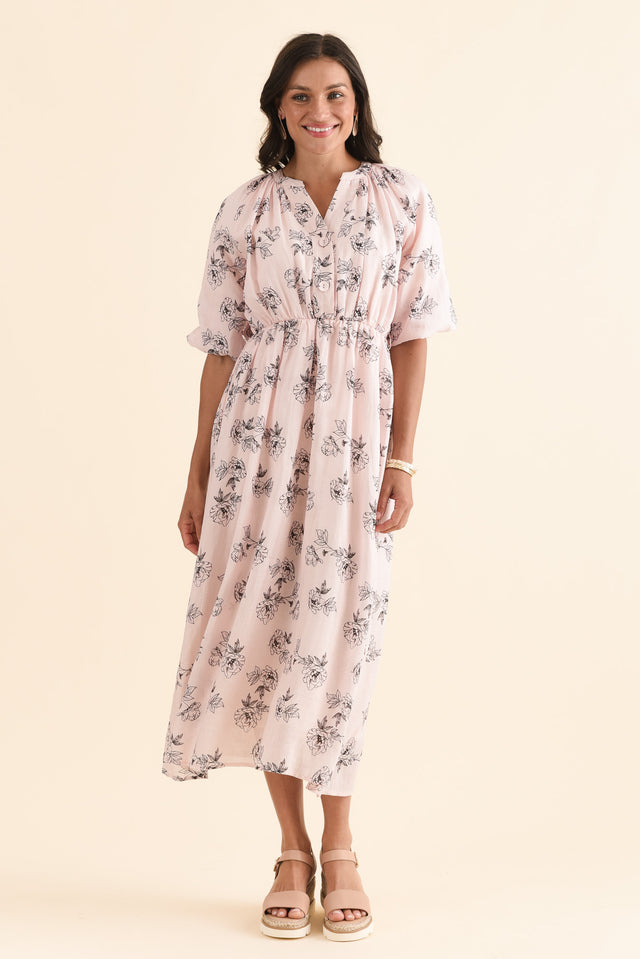 Destiny Pink Floral Linen Tie Dress,Full Body,Brunette model,alt text|model:Brontie image 2