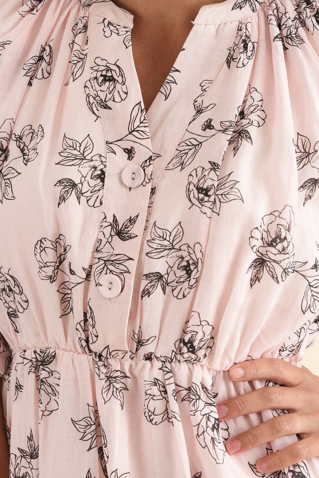 Destiny Pink Floral Linen Tie Dress,Detail,Brunette model,alt text|model:Brontie image 5
