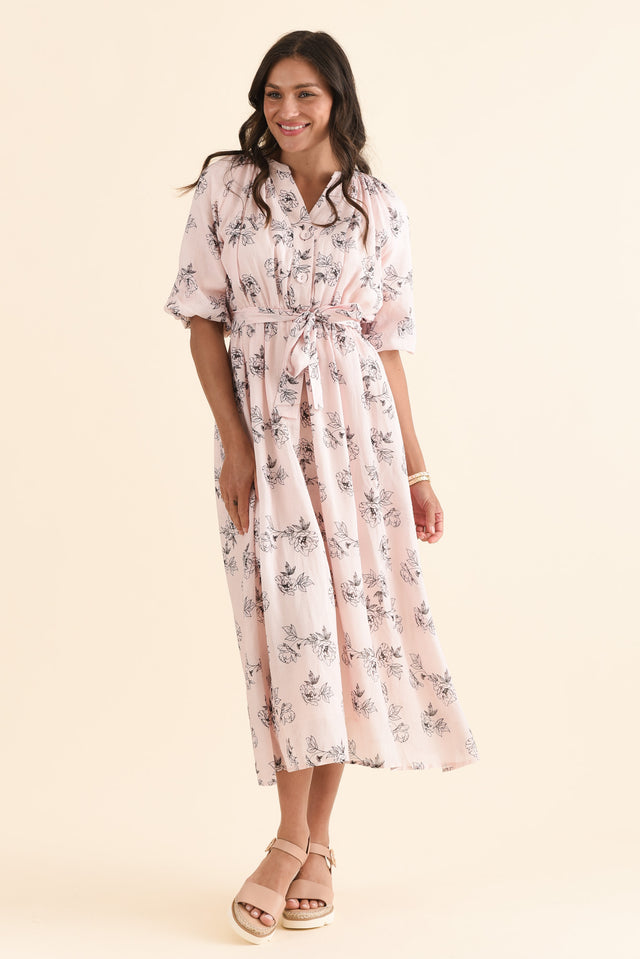 Destiny Pink Floral Linen Tie Dress,Full Body,Brunette model,alt text|model:Brontie image 6