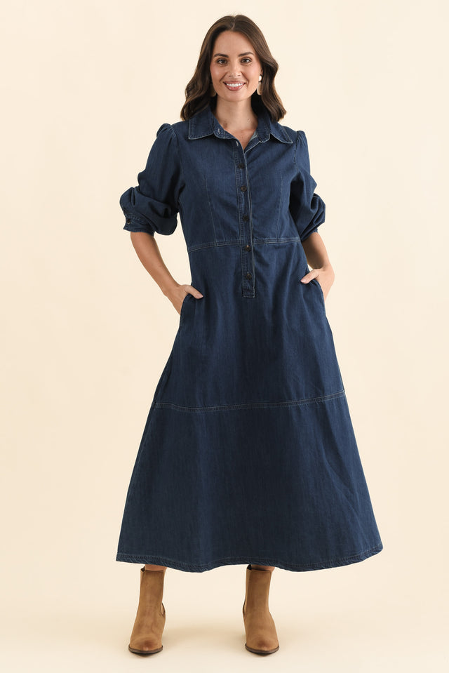 Detroit Dark Blue Denim Sleeved Dress