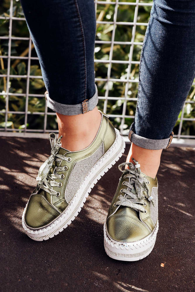 Devin Khaki Leather Diamante Sneaker