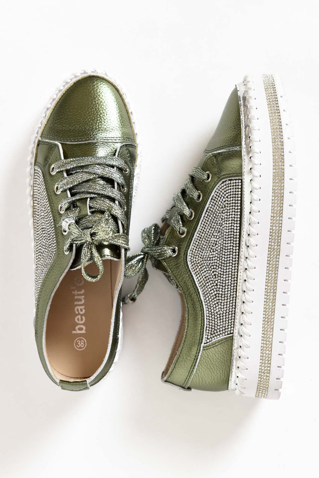 Devin Khaki Leather Diamante Sneaker