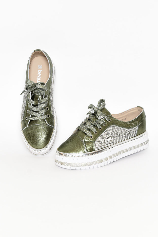Devin Khaki Leather Diamante Sneaker