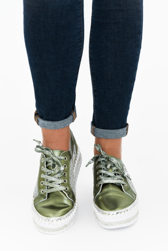 Devin Khaki Leather Diamante Sneaker