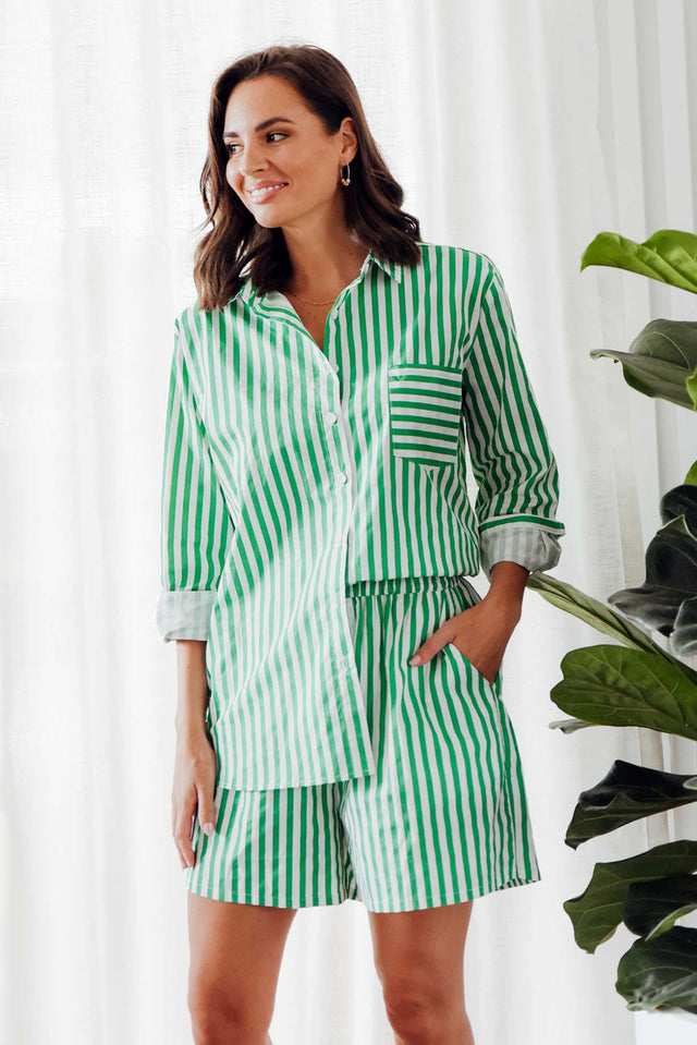 Devora Green Stripe Cotton Shirt neckline_V Neck  alt text|model:Brontie;wearing:S image 1