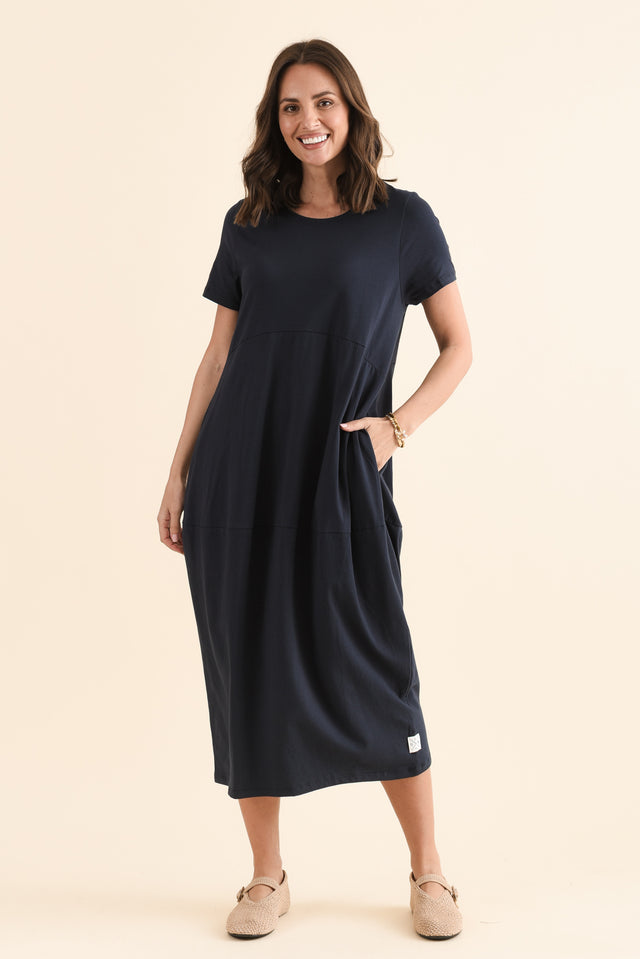 Diana Navy Cotton Pocket Dress,Full Body,Brunette model,alt text|model:MJ image 2