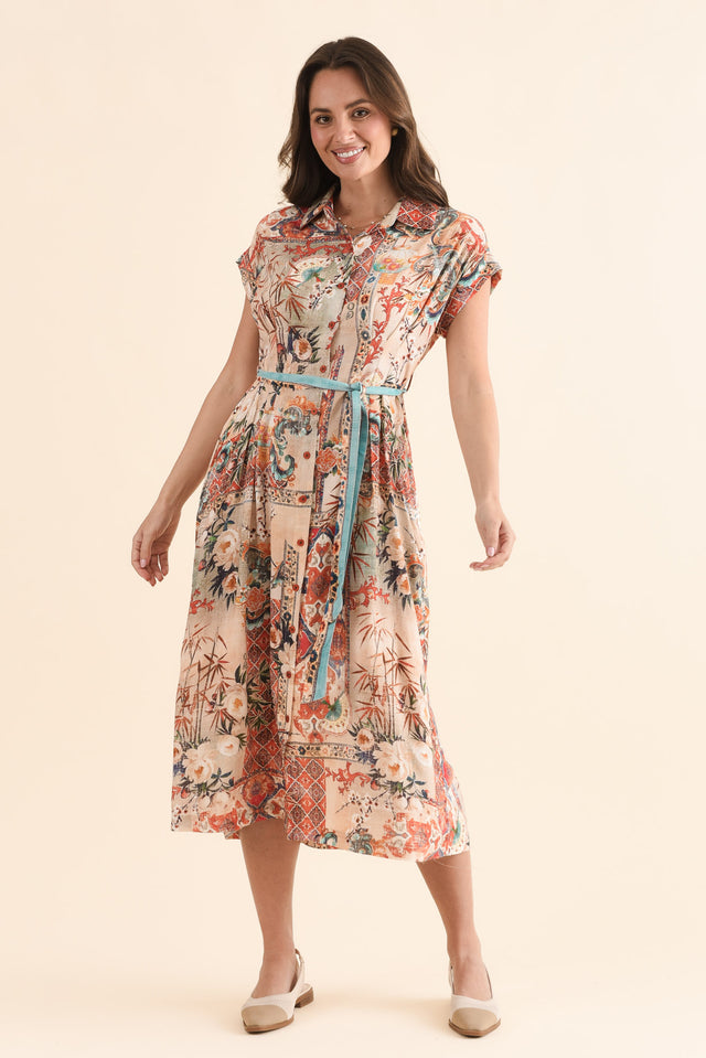 Dina Orange Motif Tie Dress,Full Body,Brunette model,alt text|model:MJ image 6