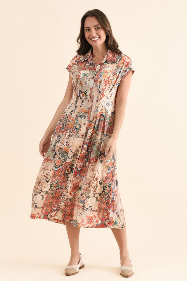 Dina Orange Motif Tie Dress,Front,Brunette model,alt text|model:MJ image 1