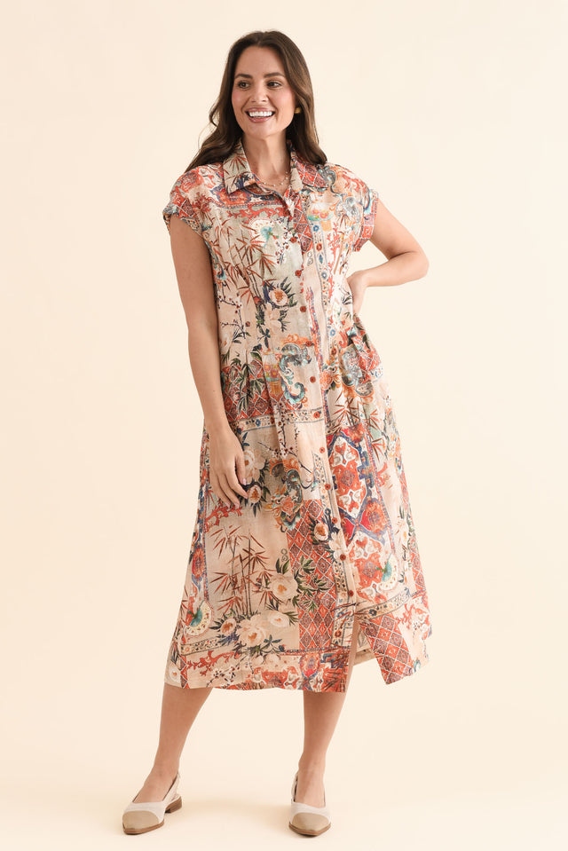 Dina Orange Motif Tie Dress,Full Body,Brunette model,alt text|model:MJ image 2
