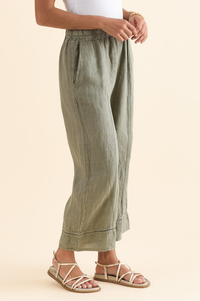 Dinah Khaki Linen Trim Pants,Side,Brunette model,alt text|model:Brontie image 3