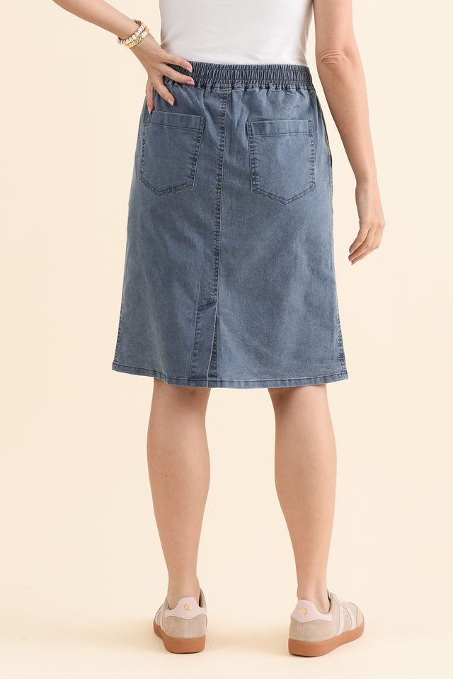 Dinah Washed Blue Cotton Drawstring Skirt,Back,Brunette model,alt text|model:MJ image 5