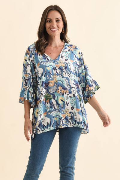 Diona Blue Floral Frill Sleeve Top