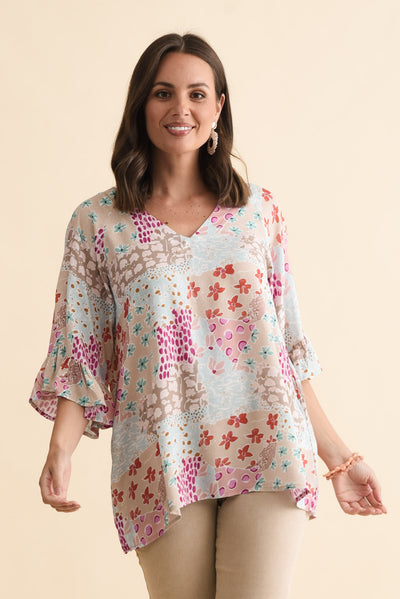 Diona Blue Mosaic Frill Sleeve Top
