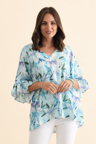 Diona Blue Tropical Frill Sleeve Top