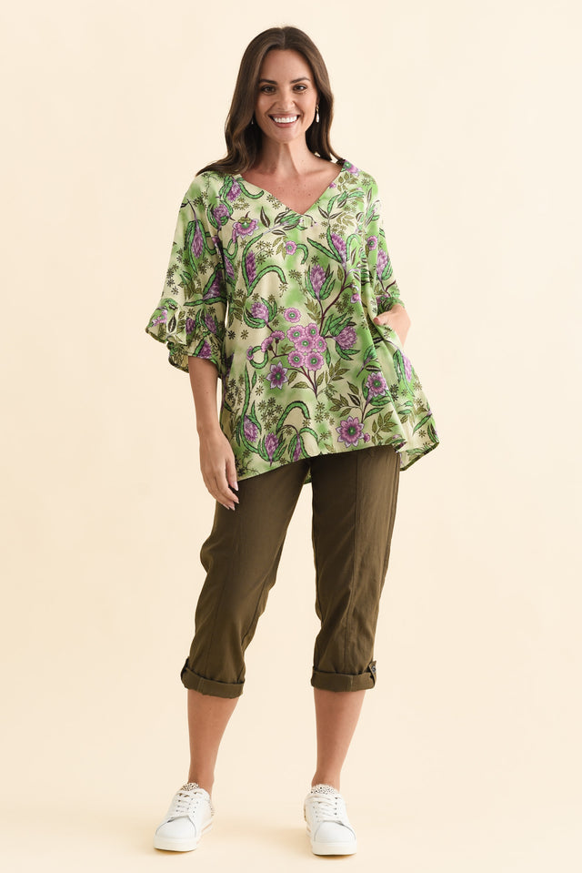 Diona Green Garden Frill Sleeve Top,Brunette model,alt text|model:MJ image 7