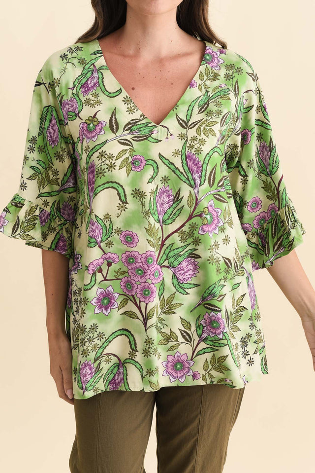 Diona Green Garden Frill Sleeve Top,Brunette model,alt text|model:MJ image 6