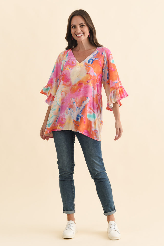 Diona Pink Watercolour Frill Sleeve Top,Brunette model,alt text|model:MJ image 7