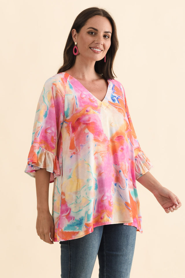 Diona Pink Watercolour Frill Sleeve Top,Brunette model,alt text|model:MJ image 4