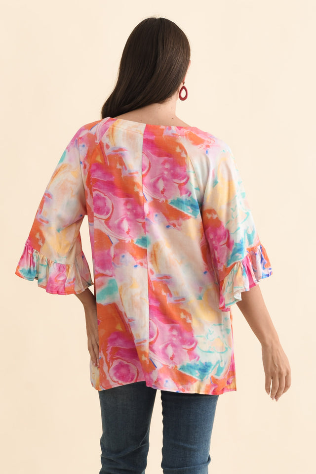 Diona Pink Watercolour Frill Sleeve Top,Brunette model,alt text|model:MJ image 5