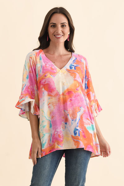 Diona Pink Watercolour Frill Sleeve Top