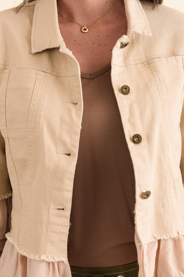 Dolores Beige Cotton Frill Jacket,brunette model,Close up of outfit,alt text|model:MJ image 5
