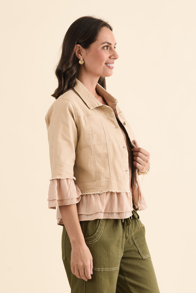 Dolores Beige Cotton Frill Jacket,brunette model,Side of Outfit,alt text|model:MJ image 3