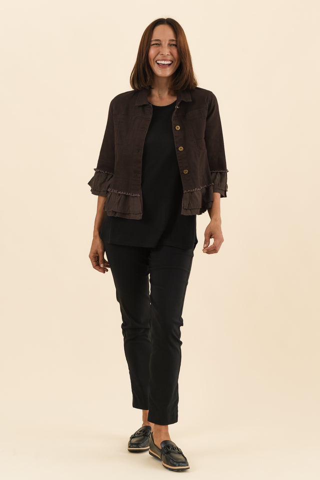 Dolores Chocolate Cotton Frill Jacket,Full Body,Brunette model,alt text|model:Cara image 6