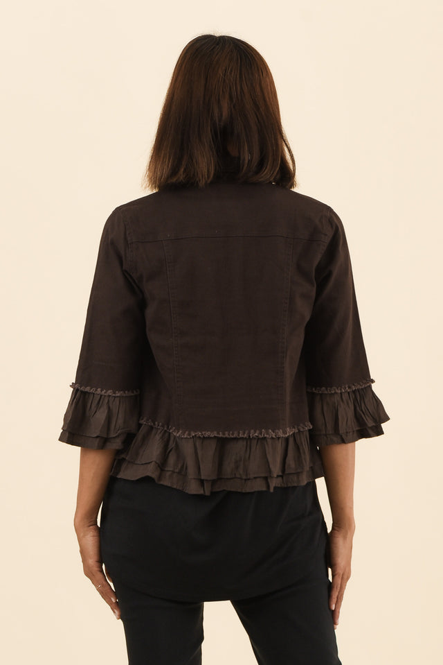 Dolores Chocolate Cotton Frill Jacket,Back,Brunette model,alt text|model:Cara image 4