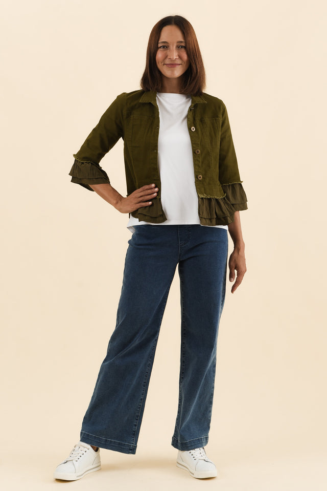 Dolores Khaki Cotton Frill Jacket,Full Body,Brunette model,alt text|model:Cara image 6