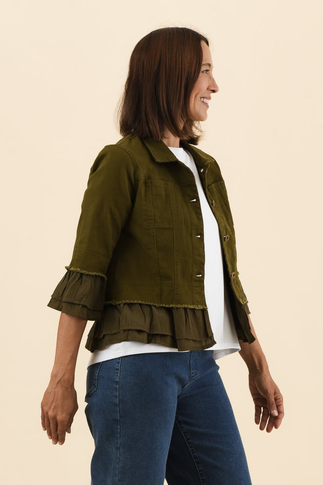 Dolores Khaki Cotton Frill Jacket,Side,Brunette model,alt text|model:Cara image 3