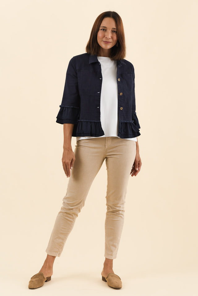 Dolores Navy Cotton Frill Jacket,Full Body,Brunette model,alt text|model:Cara
