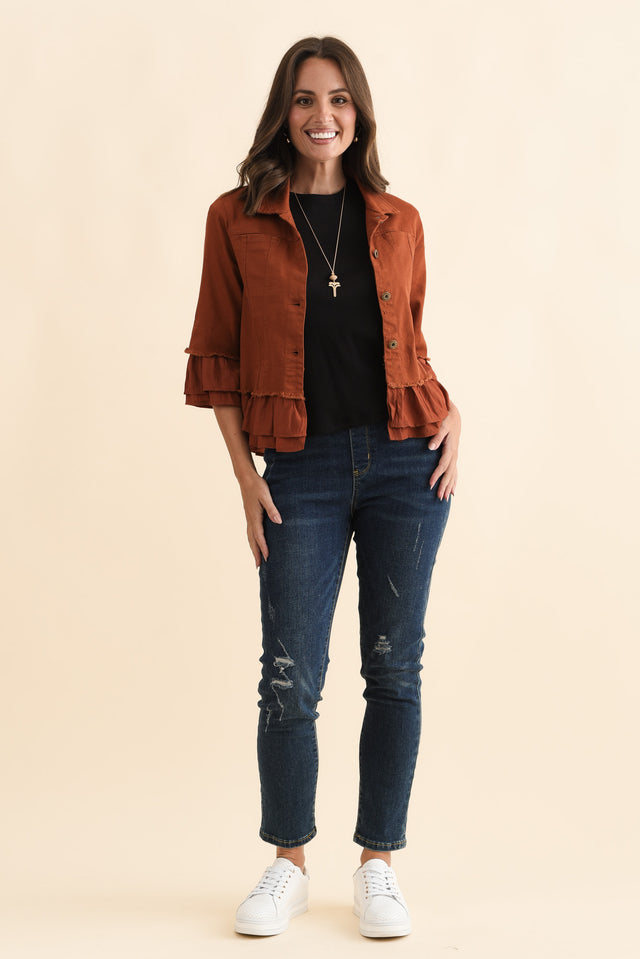Dolores Rust Cotton Frill Jacket,Brunette model,alt text|model:MJ image 3