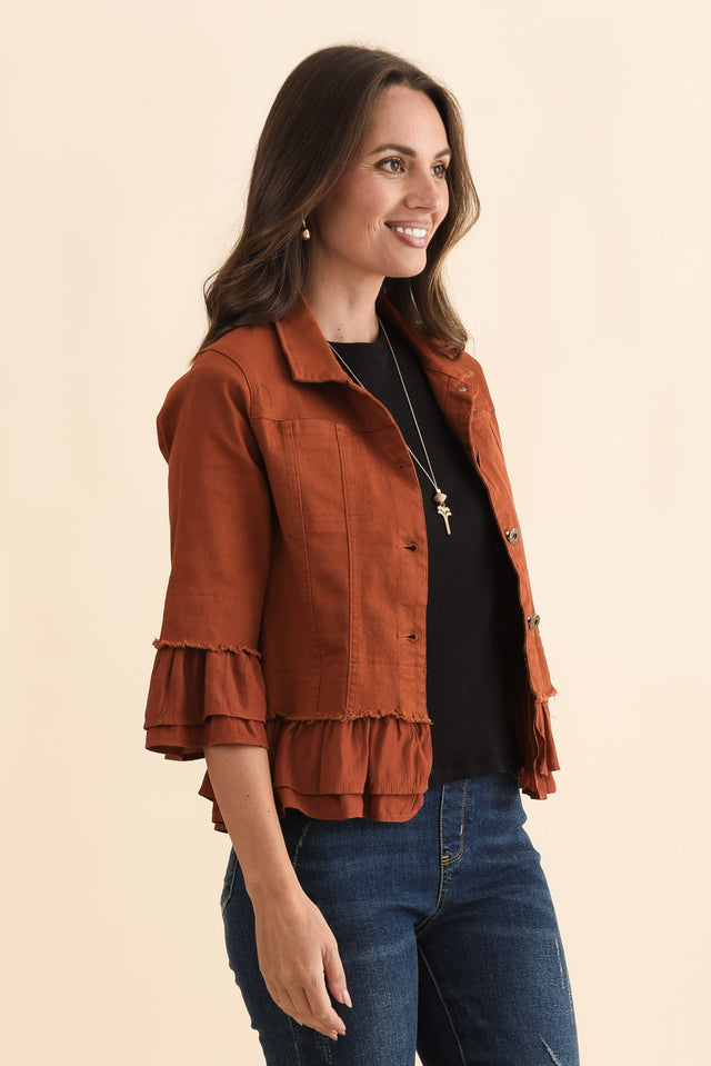 Dolores Rust Cotton Frill Jacket,Brunette model,alt text|model:MJ image 4