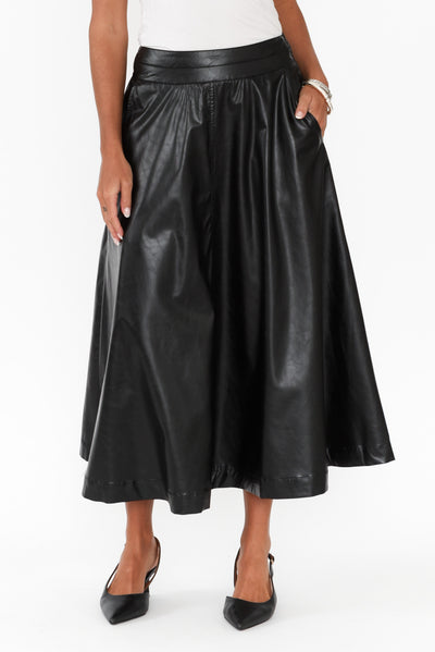 Donica Black Faux Leather Midi Skirt