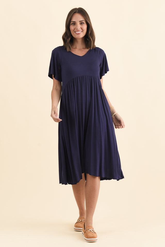 Donna Navy Gathered Dress,Brunette model,alt text|model:MJ image 6