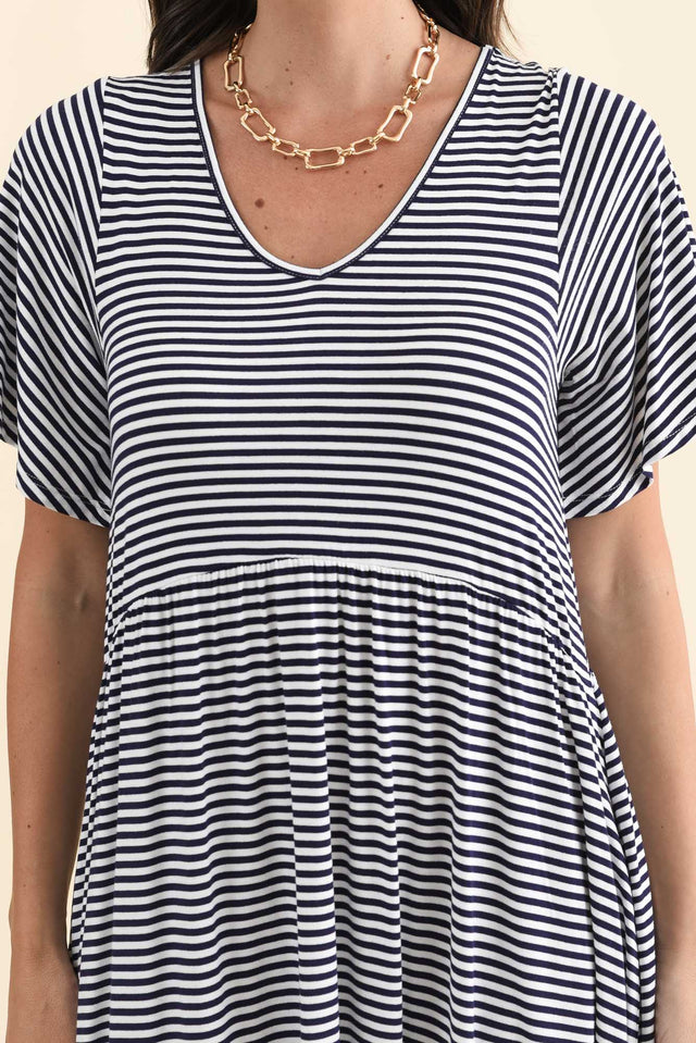Donna Navy Stripe Gathered Dress,Brunette model,alt text|model:MJ image 8